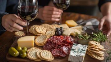 Wine and cheese gathering with assorted meats and appetizers on a rustic wooden table in a cozy setting photo