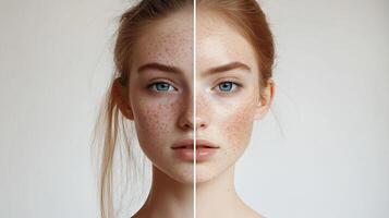 A side-by-side comparison of natural beauty highlighting freckles and smooth skin in a minimalist indoor setting photo