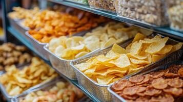 A vibrant display of assorted snacks in a market showcasing various chips and crunchy treats during the afternoon photo