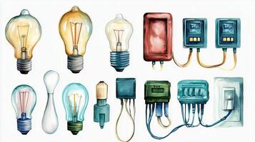 A colorful collection of light bulbs and electrical components displayed on a white background, showcasing various styles and types photo