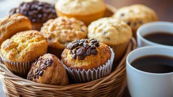 Freshly baked muffins served alongside cups of coffee on a rustic wooden table in a cozy kitchen setting photo