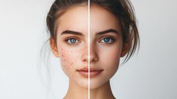 Natural beauty transformation showcasing clear skin and makeup on female model in a studio setting photo