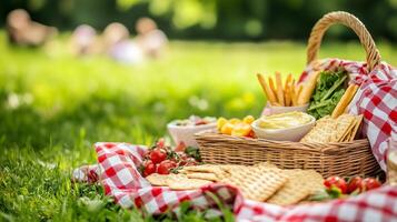 Enjoying a delightful picnic with fresh snacks and vibrant greens in a sunny park during a warm afternoon in summer photo