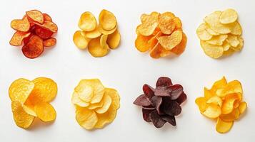 An assortment of colorful potato chips arranged in a visually appealing manner on a white background photo