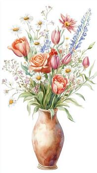 un vibrante floral arreglo en un rústico florero exhibiendo primavera flores en pastel colores, Perfecto para hogar decoración y celebraciones foto