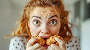 Surprised young woman eagerly holds two cookies while displaying an excited expression in a bright kitchen setting photo
