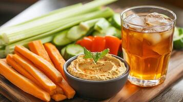 Fresh vegetable platter with hummus and iced tea on a wooden table during a casual afternoon gathering photo