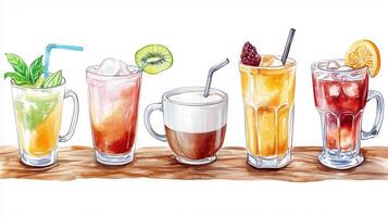 A colorful assortment of refreshing beverages displayed on a wooden surface, showcasing different flavors and styles for summer enjoyment photo