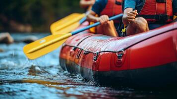 Adventurers navigating a rushing river in bright red rafts while paddling with yellow oars on a sunny day in the wilderness photo