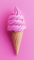 Delicious pink soft serve ice cream in a waffle cone against a bright pink backdrop photo