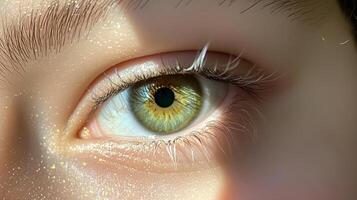 Close-up view of a person's striking green eye reflecting light, showcasing vibrant colors and intricate details during daylight photo