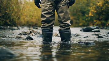 Person wearing waterproof boots stands in a flowing river amidst autumn foliage and smooth stones during a cloudy day photo