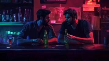 Two friends engaging in conversation over drinks at a dimly lit bar with colorful neon lights in the evening photo