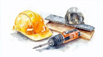 Safety gear, tools, and materials for construction work displayed on a workbench in a well-lit workshop environment photo
