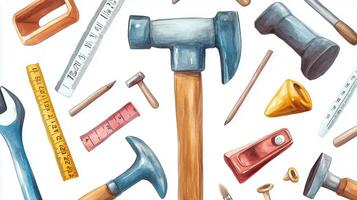 A collection of assorted tools including a hammer, ruler, nail, and screwdriver arranged on a light background for fresh inspiration photo