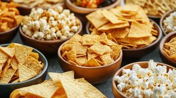A colorful selection of various snacks displayed in bowls on a table during a casual gathering photo