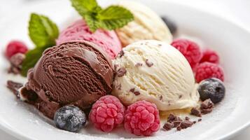 Delicious scoop of chocolate, strawberry, and vanilla ice cream with fresh raspberries and blueberries served on a white plate photo