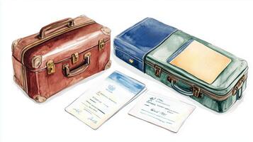 Two vintage suitcases are open and displaying travel documents on a wooden surface, highlighting nostalgic travel essentials photo