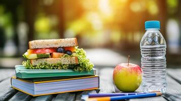 A healthy lunch with a sandwich, apple, and water bottle next to a stack of books in a park during a sunny afternoon photo