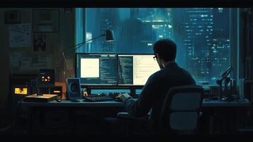 A programmer working late at night in a modern office overlooking a rainy cityscape with glowing computer screens and ambient lighting photo