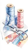 Colorful threads and scissors arranged on fabric swatches showcasing a sewing project in a bright workspace setting photo