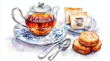 A cozy afternoon tea set with a glass teapot, pastries, and cookies on a decorative plate photo