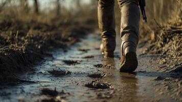 A person walks along a muddy trail in a forested area during early morning light, leaving footprints on the wet ground photo