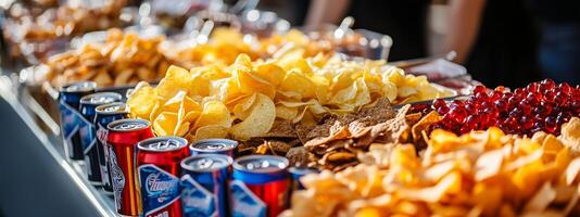 A colorful array of snacks and beverages at an outdoor event with people mingling in the background photo