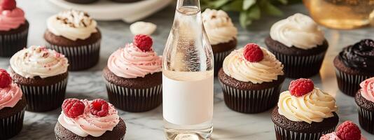 Delicious assortment of cupcakes with raspberry toppings and a refreshing glass bottle of water at a dessert table photo