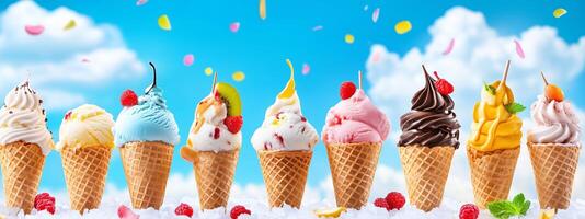 Colorful array of ten ice cream cones against a sunny blue sky with clouds and scattered flower petals photo