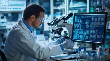 Scientist analyzing data in a high-tech laboratory during evening research sessions focused on molecular studies photo