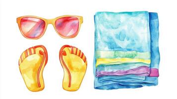 Bright summer accessories on a white background, featuring colorful sunglasses, flip-flops, and a beach towel ready for vacation photo