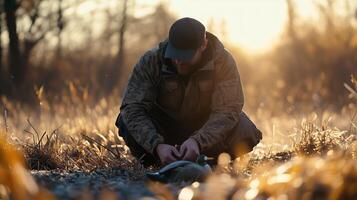 A hunter prepares his catch at sunrise in a misty wetland surrounded by tall grasses during the early morning hours photo