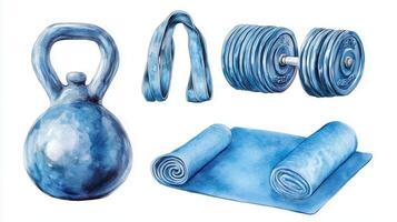 Exercise equipment including kettlebell, resistance bands, dumbbells, and yoga mats in various shades of blue displayed on a white background photo