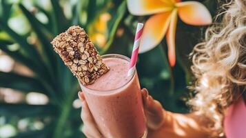 Enjoying a refreshing pink smoothie paired with a granola bar amidst tropical foliage on a sunny day photo