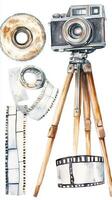 Vintage camera setup with film reels and tripod, showcasing classic photography equipment in an artistic style photo
