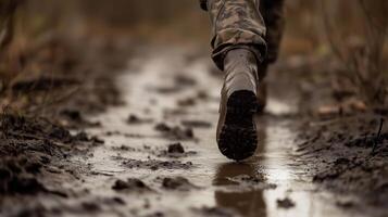 Mud-covered boots walking along a muddy trail in a rural area during autumn with fallen leaves scattered around photo