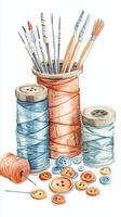 Colorful spools of thread with buttons and painting brushes on a workspace table perfect for crafting and sewing activities photo