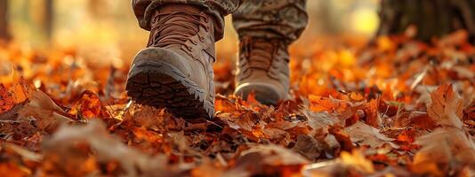 A person walking on a path covered with autumn leaves in a serene forest during the golden hour of the evening photo