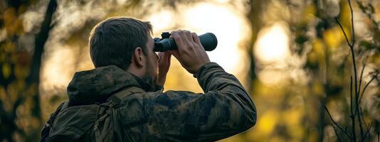 A person observing wildlife through binoculars in a forest during sunset photo