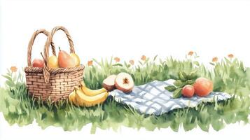 A sunny picnic setup with a basket of fruits on a checkered blanket in a grassy field surrounded by blooming flowers photo