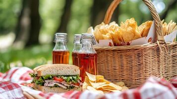 A delightful picnic setup with a sandwich, chips, and refreshing drinks in a sunny park on a warm afternoon photo