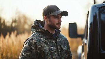 A calm autumn morning with a hunter in camouflage gear next to a truck in a serene field photo