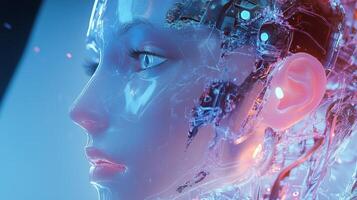 A futuristic humanoid robot with translucent skin showcases advanced technology and design, illuminated by vibrant blue and pink lights photo
