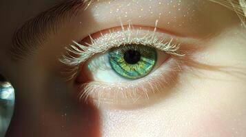Close-up of a mesmerizing green eye with unique patterns and sparkling highlights captured in soft natural light photo