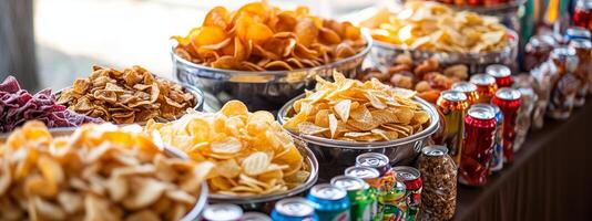 A vibrant display of assorted crispy snacks and soda cans at a festive market during a sunny afternoon in the local community photo