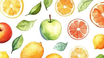 A vibrant arrangement of various fruits including lemons, oranges, and an apple on a white background showcasing their colors and textures photo