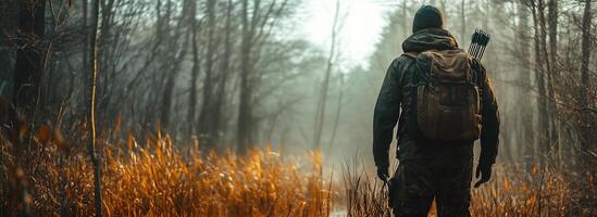 A lone hunter navigates through a foggy forest at dawn, preparing for an early morning hunt with bow and arrows photo
