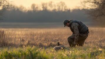 Hunter kneels in a grassy field at sunset, examining a freshly caught game in a serene natural setting photo