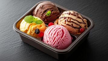 Delicious assortment of four ice cream scoops served in a square container on a dark background photo